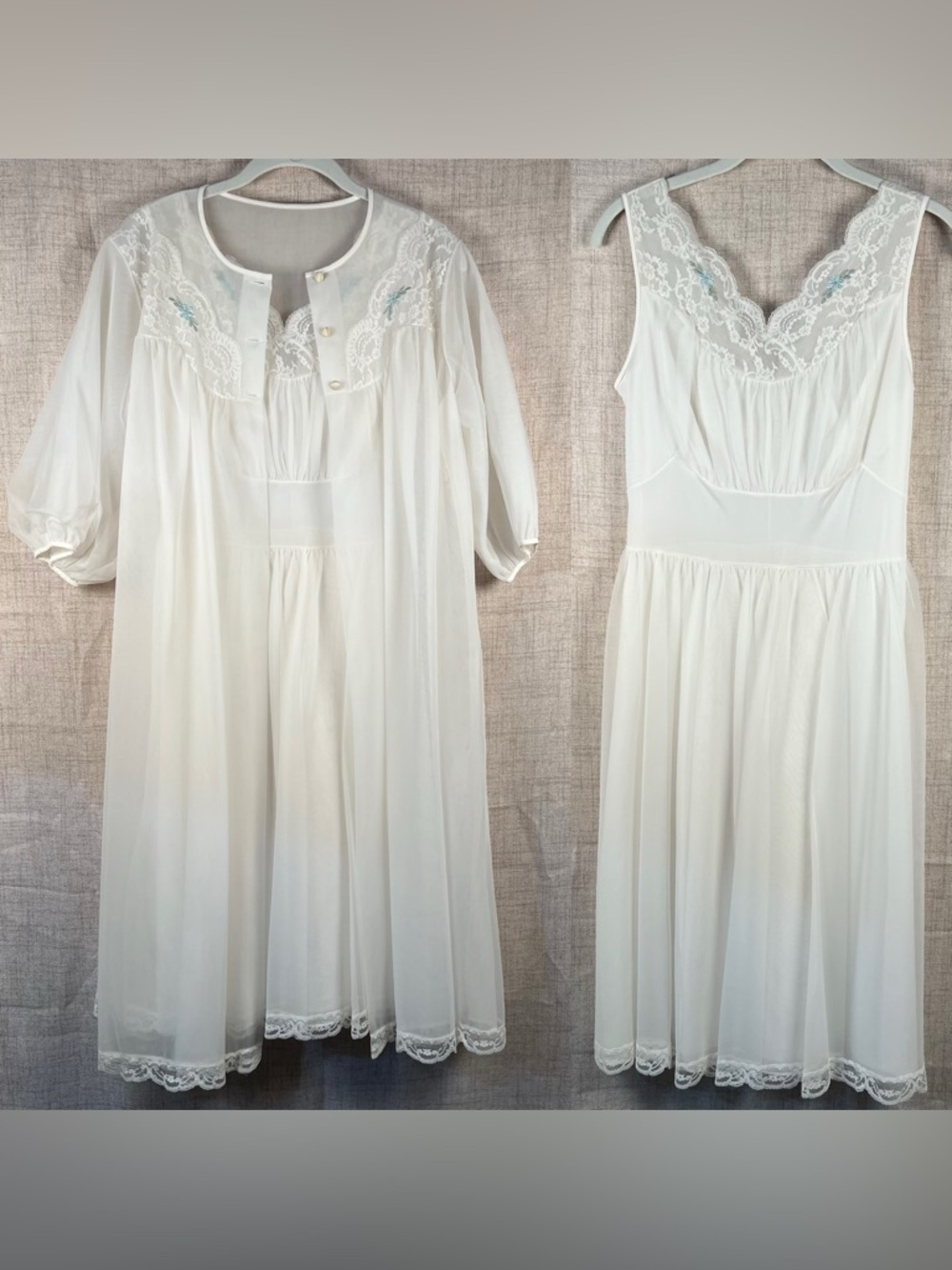Shadowline Vintage Nightgown 2 Pieces Sheer Off White Lace Trim Wedding medium
